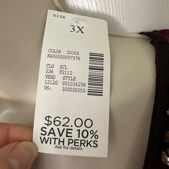 Catherines Pleated Tunic Top Bejeweled Neck Asymmetrical Hem Reds Black Tan NWT - Picture 5 of 5